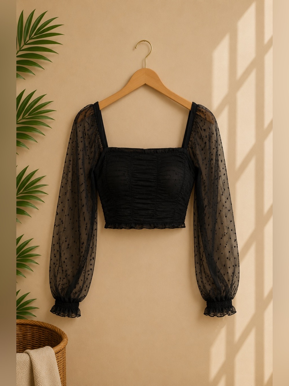 Sheer Dot Sleeve Black Crop Top - Women